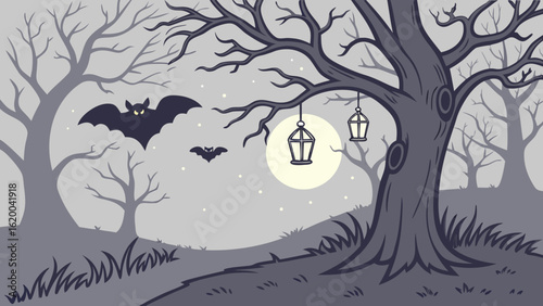 Spooky halloween night with silhouetted bare trees flying bats hanging lanterns and a full moon casting an eerie glow over a desolate landscape
