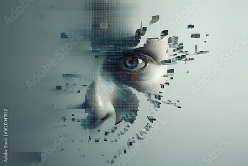 A fragmented face dissolving into pixels, symbolizing the digital age and the impact of technology on human identity.