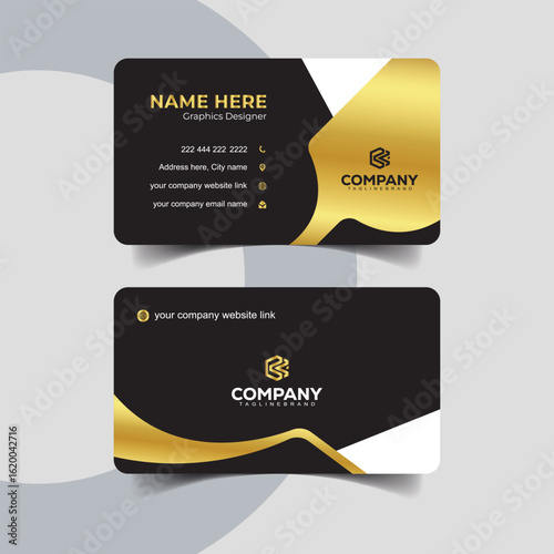 Modern Creative Black and Gold Business Card Template . Modern minimalist business card design in black with elegant golden details.