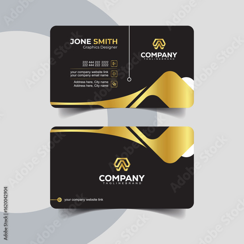 Luxury Black and Gold Business Card Template with Smooth Wave Design. Modern minimalist business card design in black with elegant golden details.