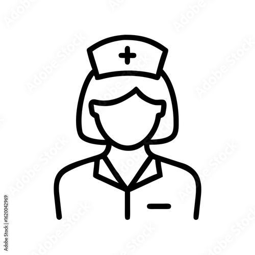 Minimalist black outline vector icon of a nurse wearing a medical cap with a cross, symbolizing healthcare, medical assistance, and nursing services. Isolated on a transparent background