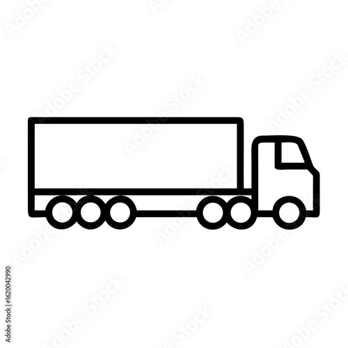 Minimalist black outline vector icon of a semi-trailer truck side view, symbolizing freight transport, logistics, and delivery services. Isolated on a transparent background