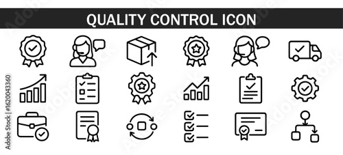 set of Quality control icon . Containing inspection, evaluation, checklist, analysis, product, quality assurance, reward, bad quality, settings, customer review, process, testing  vector illustration 