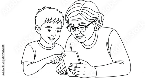 Grandmother and grandson using smartphone line art illustration