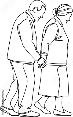 Continuous line drawing of elderly couple walking holding hands