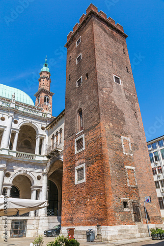 Tower of Torment and Clock tower of Palladian Basilica in Piazza Signori, Vicenza, Veneto, Italy