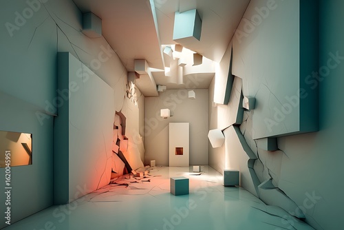 Surreal 3D rendering of a fragmented building interior with cubes and pastel colors