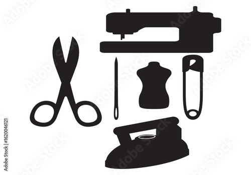 Tailors accessories, supplies and equipment to sew cloth. Dressmaking collection with thread rolls, button, needles, zipper, sewing machine, mannequin, scissors, iron. Tailoring studio