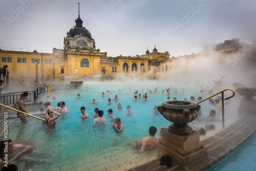View of outside thermal spa at Szechenhu Thermal Bath in winter, Budapest, Hungary