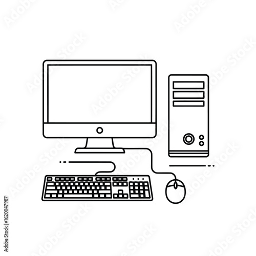 Vector illustration of desktop computer with monitor, keyboard, and mouse isolated on white background