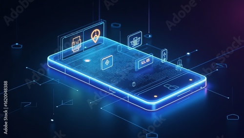 Wallpaper Mural Futuristic smartphone interface with glowing digital icons and network connections, representing advanced technology and connectivity. Torontodigital.ca