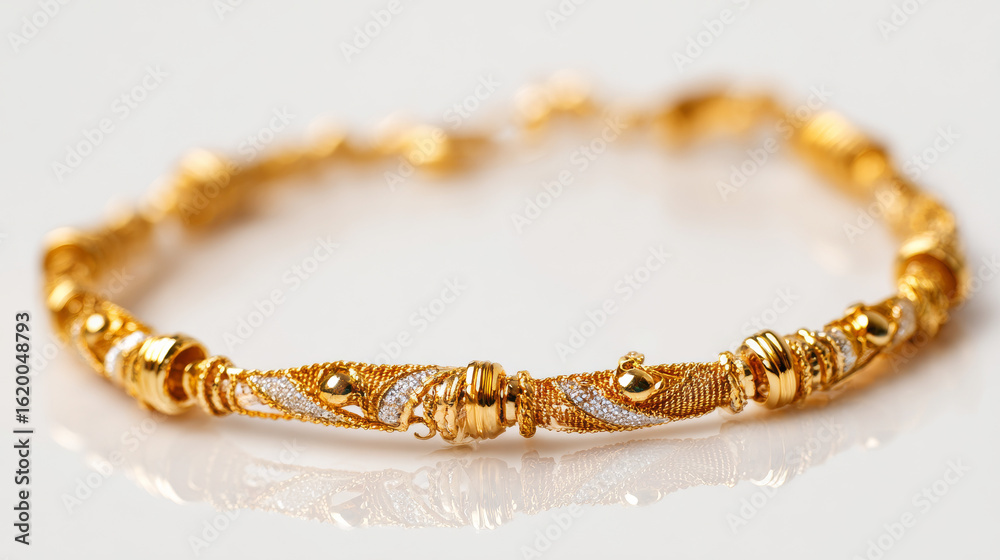 Delicate gold bracelet presented against a pure white background Delicate gold bracelet presented against a pure white background