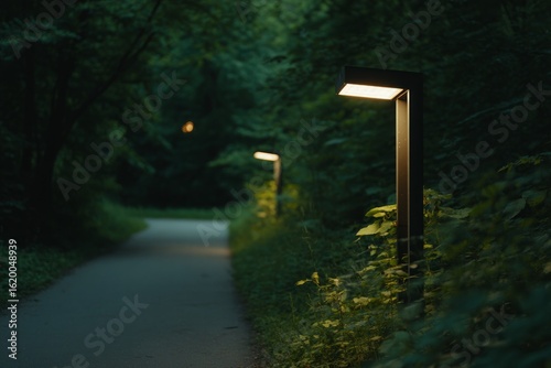 Fototapeta Naklejka Na Ścianę i Meble -  Illuminated pathway through a dark green forest at night.