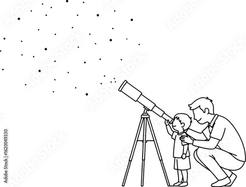 Father and child stargazing with telescope line art vector image