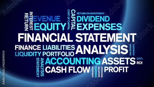Financial Statement Analysis animated word cloud-text design animation tag kinetic typography seamless loop.