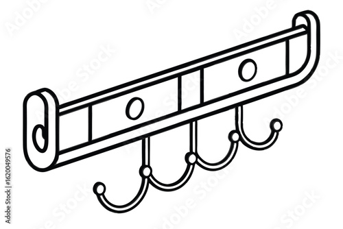 Outline illustration of a metal wallmounted coat rack with five hanging hooks