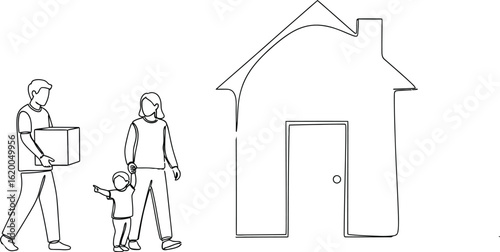 Family moving into new house one line drawing vector illustration