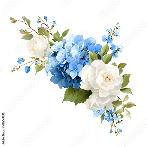 Watercolor painting of white and blue hydrangeas with roses and baby's breath flowers in the corner of the page