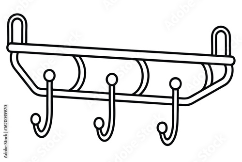 Line drawing of wallmounted shelf with three hooks for hanging items and simple support