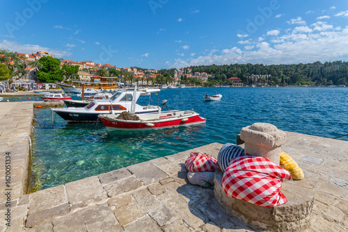 View of harbour boats and Cavtat on the Adriatic Sea, Cavtat, Dubrovnik Riviera, Croatia