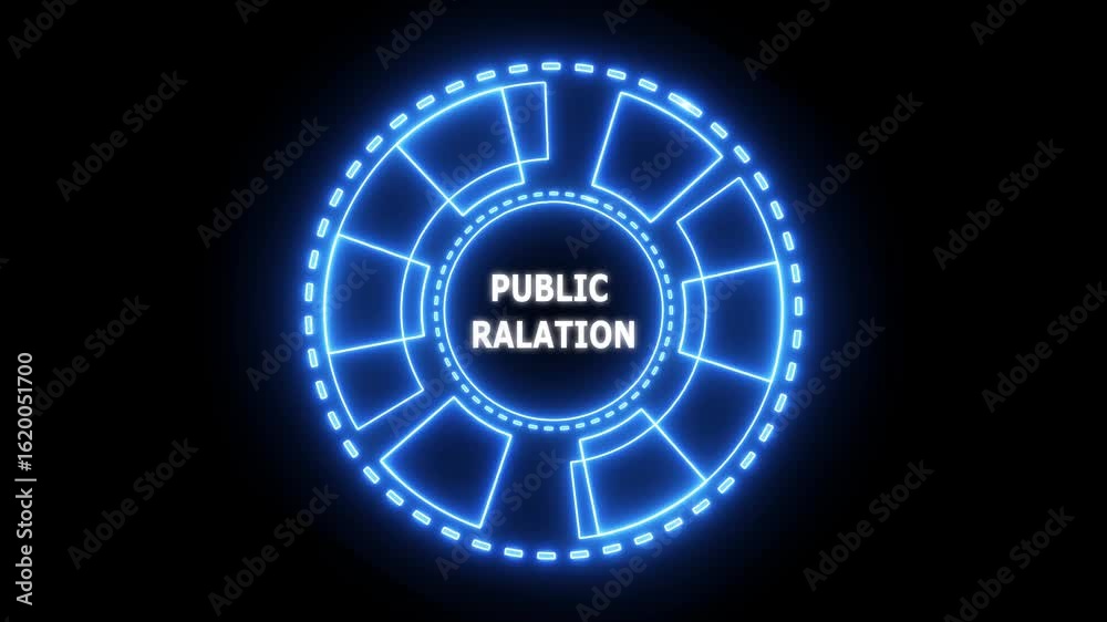 PR Public relation management. Business, Technology, Internet and network concept. Glowing blue neon line circle animation.