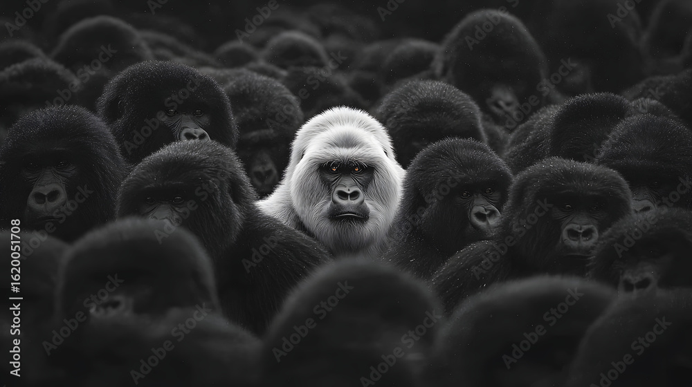 Obraz premium Proud White Gorilla Standing Alone Among Black Gorillas – Symbol of Individuality and Power