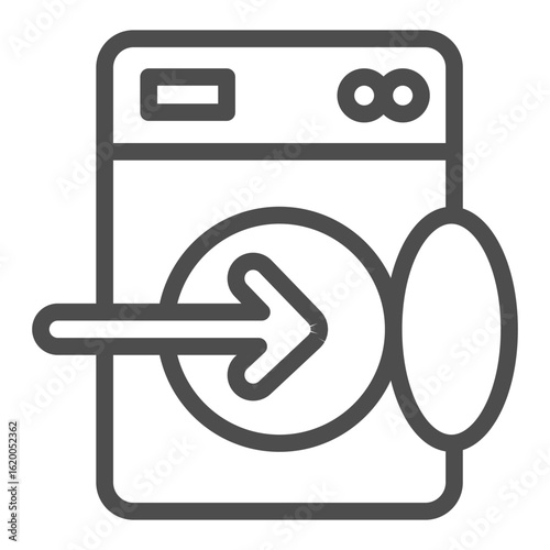 Washing machine with opened lid and arrow line icon, washing concept. Vector graphics. Machine for washing, loading sign on white background, outline style icon for mobile or web design.