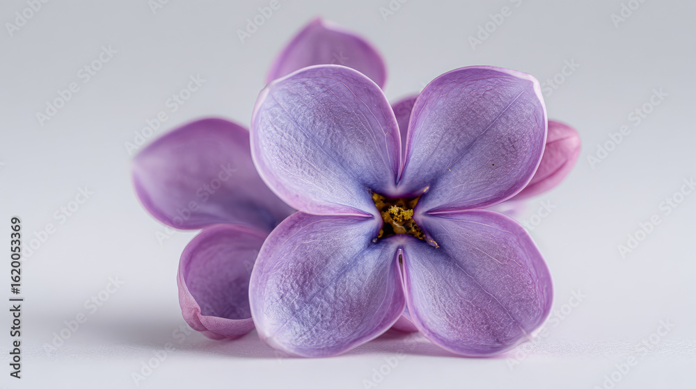 Fototapeta premium Single lilac bloom displayed on a white surface with full focus and clipping path included