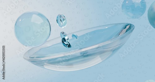 3D animation A transparent contact lens is filled with liquid.  Visualization of hydration, lightness, purity, freshness, comfort, moisture content. Showing sterility and eye hygiene care, the smooth 
