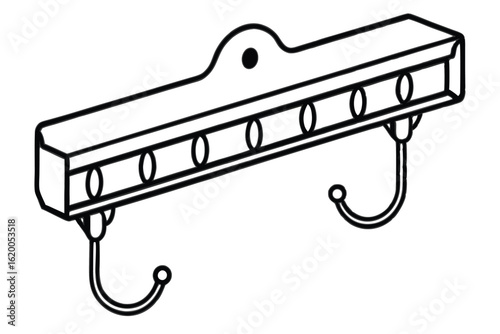 Line art of a wallmounted coat rack with multiple hooks and mounting point