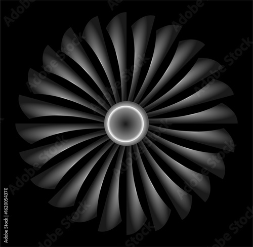 A sleek turbine-like flower of silver and black petals spirals outward from a glowing center, evoking elegance and motion.