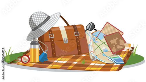 Picnic scene with a suitcase, hat, bottle, maps and sunglasses on a checkered blanket outdoors