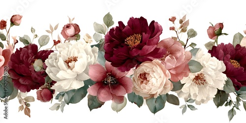 Watercolor floral border, peonies and roses in dark pink, maroon, and blush cream colors, on a white background, with leaves and foliage in greenery.