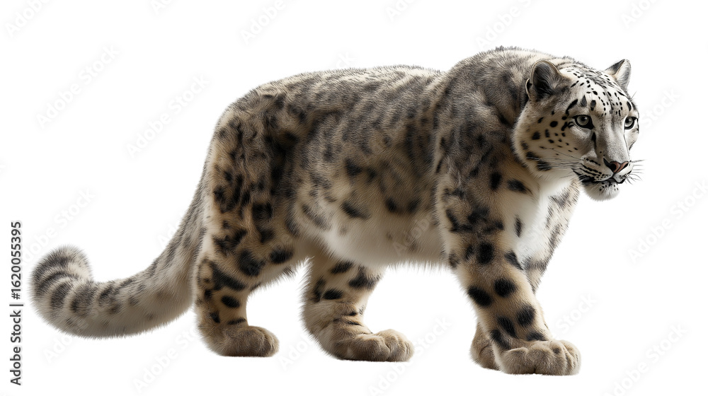 Obraz premium A majestic snow leopard captured in all its glory, walking gracefully and exuding an air of power and elegance. The animal's coat is beautifully marked with rosettes.