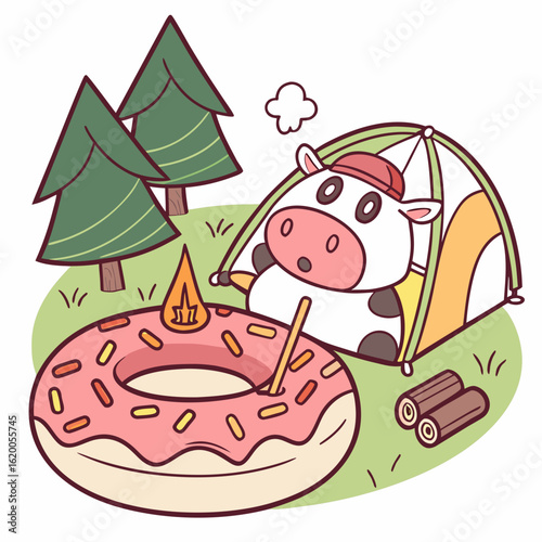 Cute Surprised Cow, accessorized with inside a donut float, in a Camping trip world – Campfire Glow palette vector