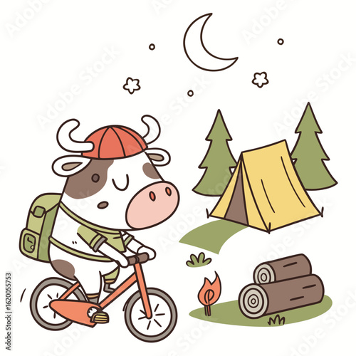 Cute Bashful Cow, accessorized with riding a bicycle, in a Camping trip world – Campfire Glow palette vector