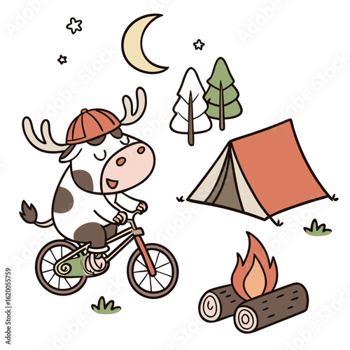 Cute Bashful Cow, accessorized with riding a bicycle, in a Camping trip world – Campfire Glow palette vector