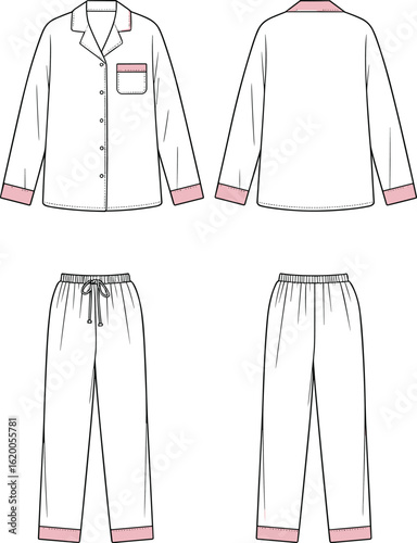 CAD drawing of women’s pajama set with contrast piping details, front and back flat sketch, sleepwear fashion vector template