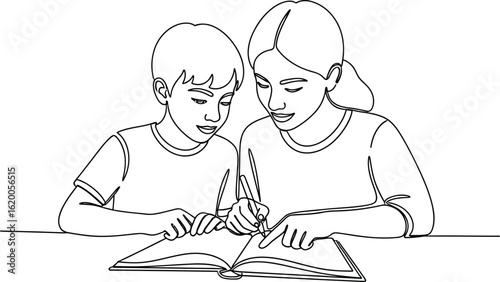 Continuous line drawing of kids studying and learning together