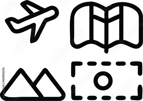 Vector art of travel icons including airplane, map, mountains and money isolated on white background