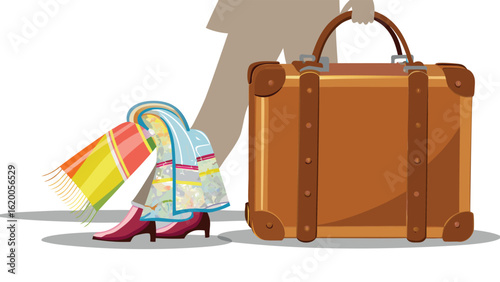 Person with suitcase and accessories ready for travel stands on a white background in the image