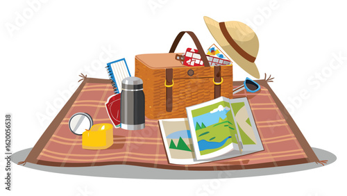 A picnic scene with a basket, hat, map, thermos, and other items on a checkered blanket outdoors