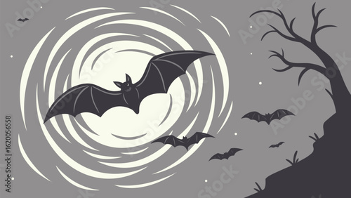 A spooky halloween night scene with bats flying around a swirling vortex and a silhouetted barren tree against a grey sky
