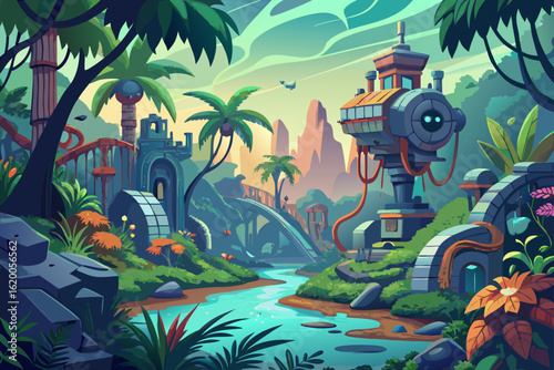 Dreamy Biomechanical Jungle in Hand Drawn Vector Style