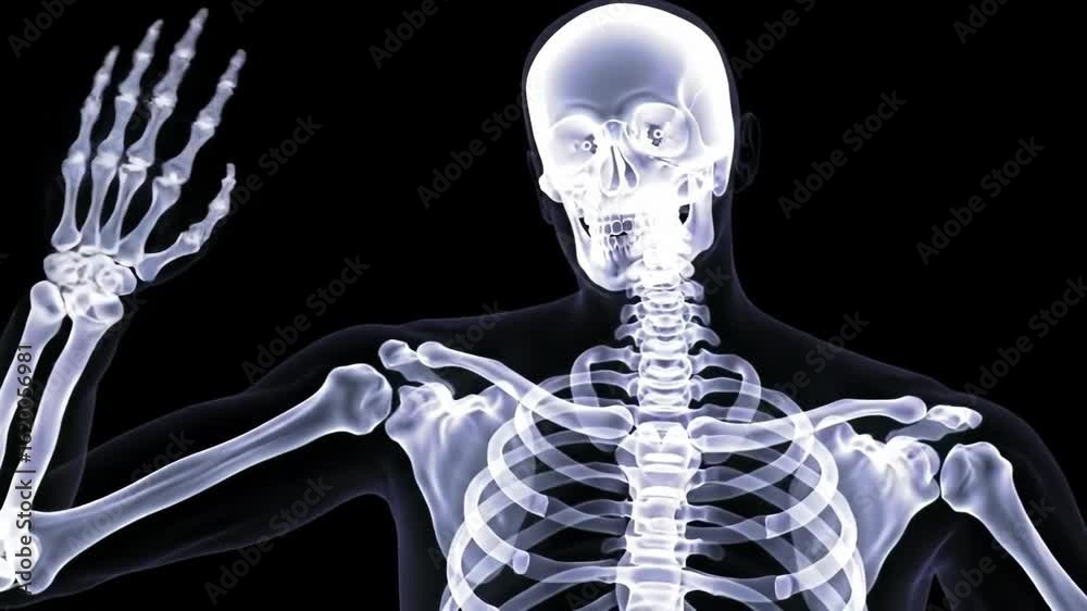 x-ray image of human skeleton waving hand on black background. medical, scientific concept. healthcare, education, anatomy study. application of radiation. medical technology, diagnostics, halloween