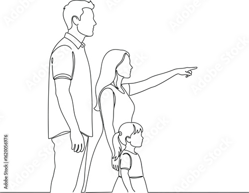 Continuous line drawing of family looking forward togetherness art
