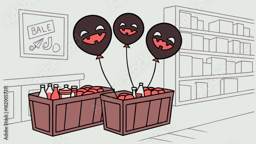 Spooky halloween balloons float above crates of produce and bottles in a store aisle advertising a sale