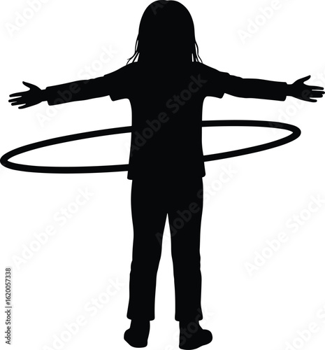 Silhouette of a child playing with hula hoop, arms outstretched, full body, isolated figure, fun activity, healthy lifestyle, childhood motion, outdoor recreation, black outline.