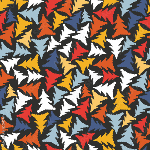 Seamless pattern with colorful dotted Christmas trees on dark background. Festive vector design for wrapping paper, fabric, or holiday decoration.