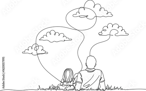 Father and daughter line art watching clouds illustration design
